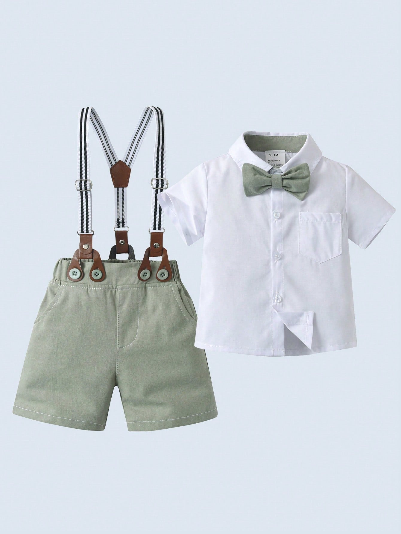 2pcs Young Boy Gentleman Suit, Short Sleeved Turn-Down Collar Shirt With Bow Tie And Shorts With Suspenders For Birthday Party, Wedding Ceremony, Performance, And Banquet.