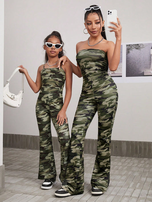 Tween Girl Cool Knit Camo Print Halter Wide Leg Jumpsuit For Spring/Summer Mother Matching