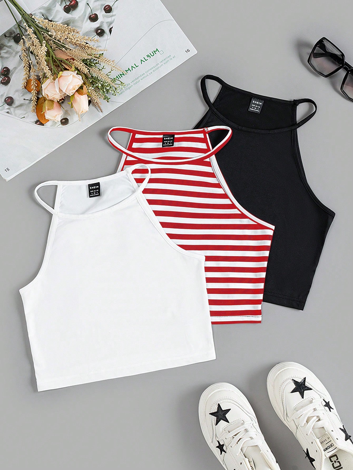 Summer 3pcs/Set Knitted Striped Halter Tight Top With Color-Blocking Design