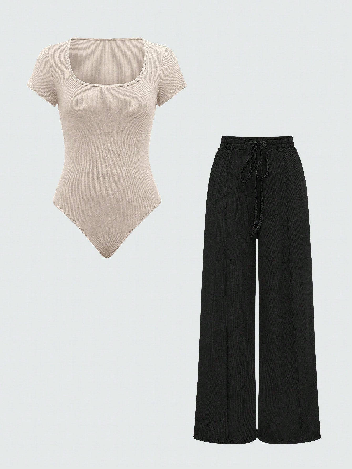 Plain Color Asymmetric Hem Top And Pants Two Piece Set