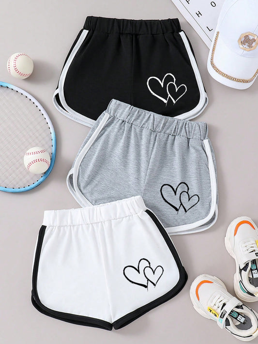 Young Girl 3pcs Heart Printed Contrast Trim Shorts