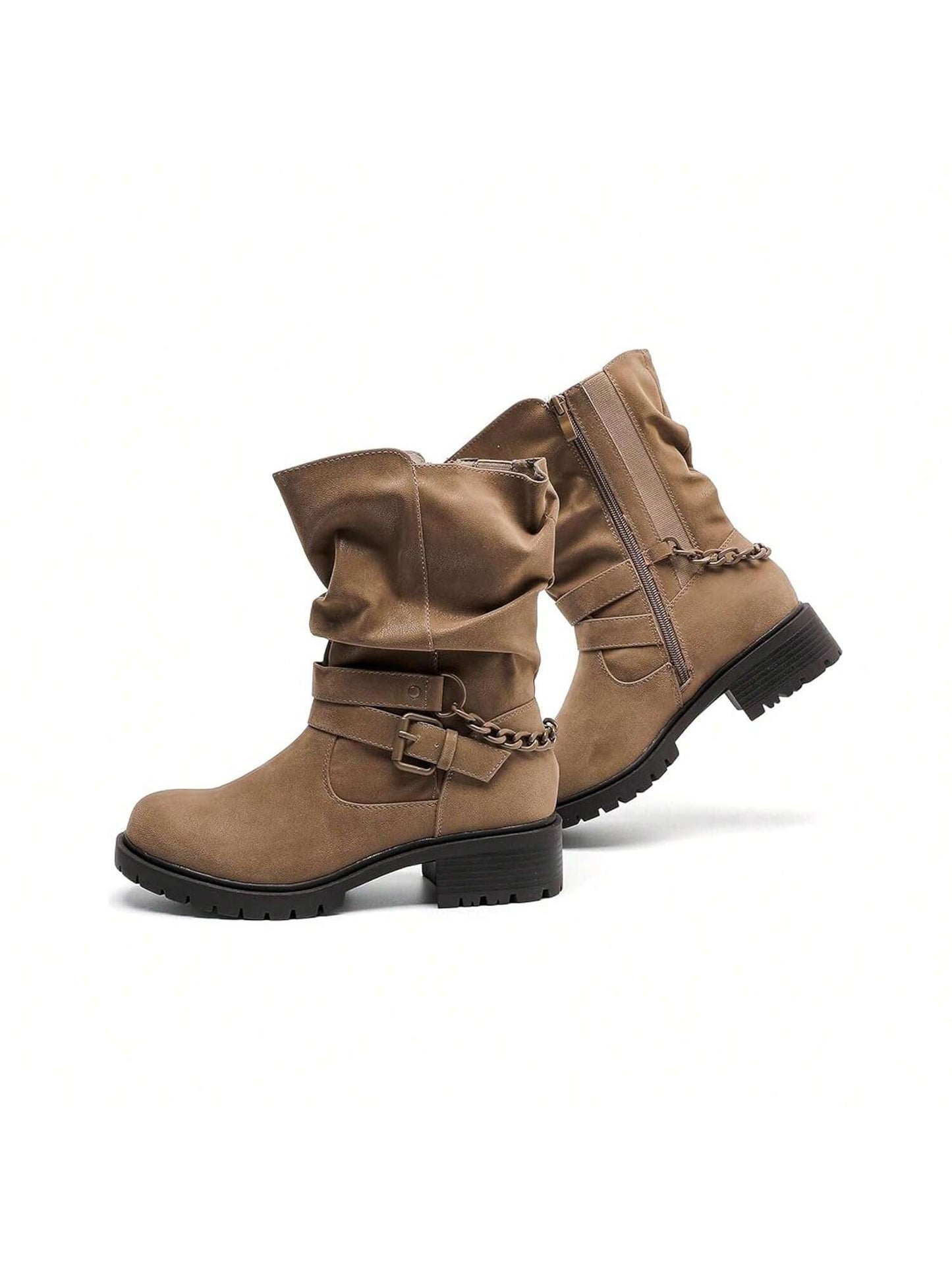 Women's Wide Width Ankle Boots, Low Heel Mid Calf Slouchy  Oots Short Booties With Side Zipper