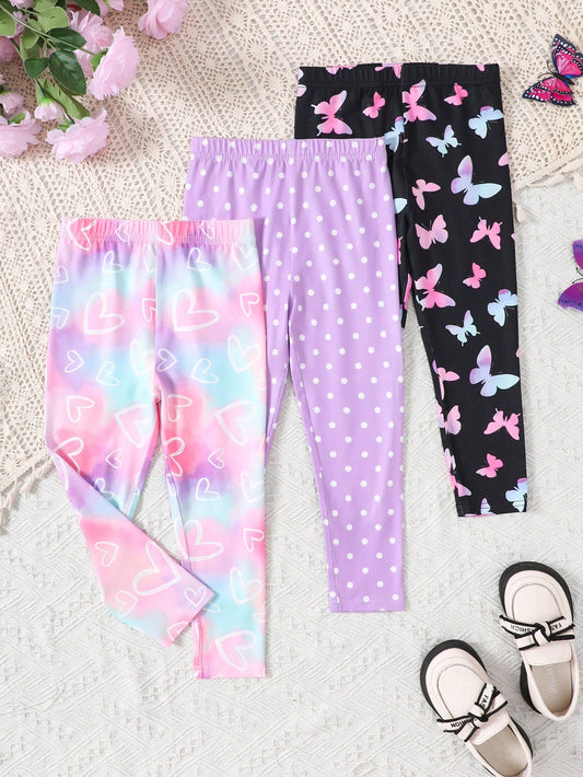 Young Girl 3pcs/Set Knitted Solid Color Leggings With Heart And Butterfly Print, Casual Wear