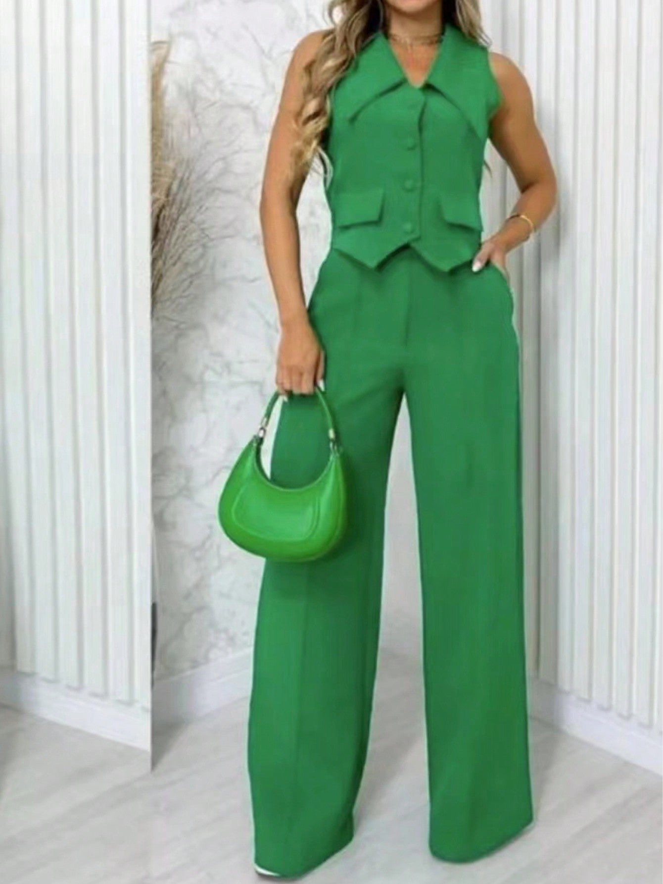 Women's Summer Solid Color Lapel Single Breasted Vest And Wide Leg Pants Daily Commute Suit Set