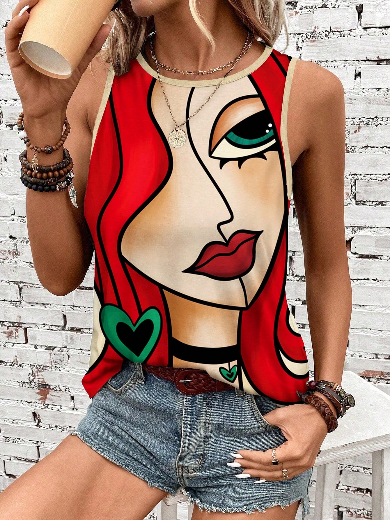 Women's Summer Vacation Printed Tank Top With Face Print