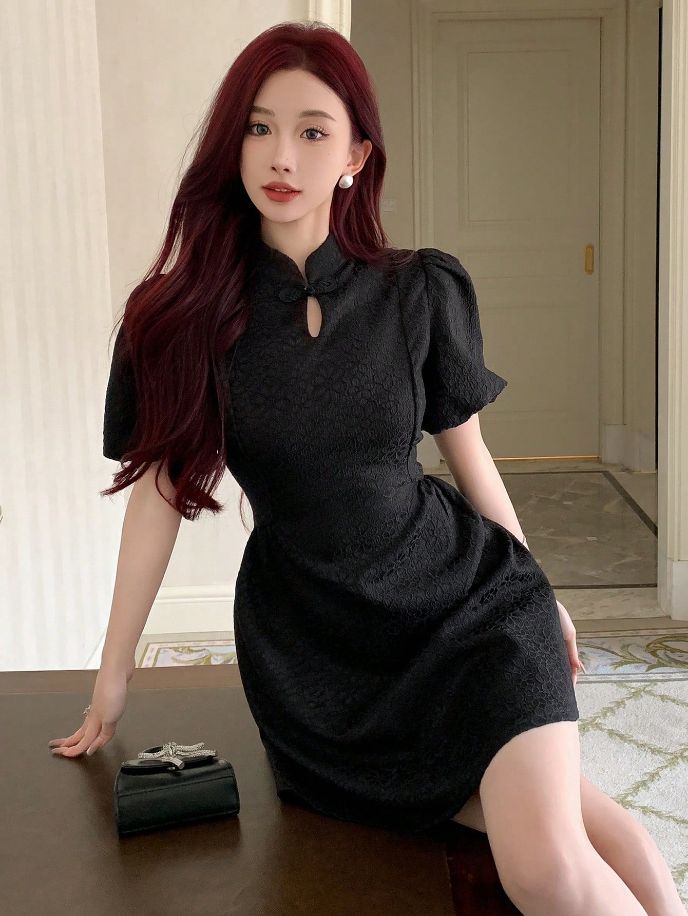 Mandarin Collar Puff Sleeve Dress