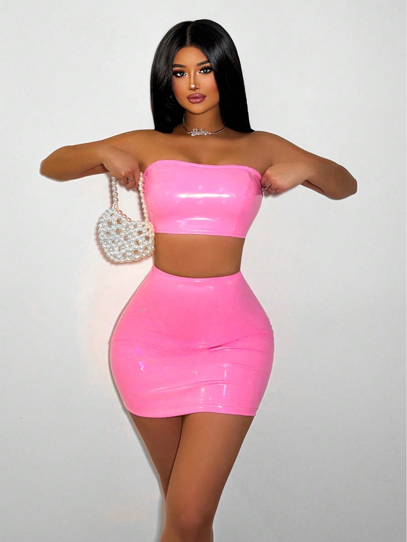 Reflective Colorful PU Leather Bandeau Top And Bodycon Skirt Concert Set