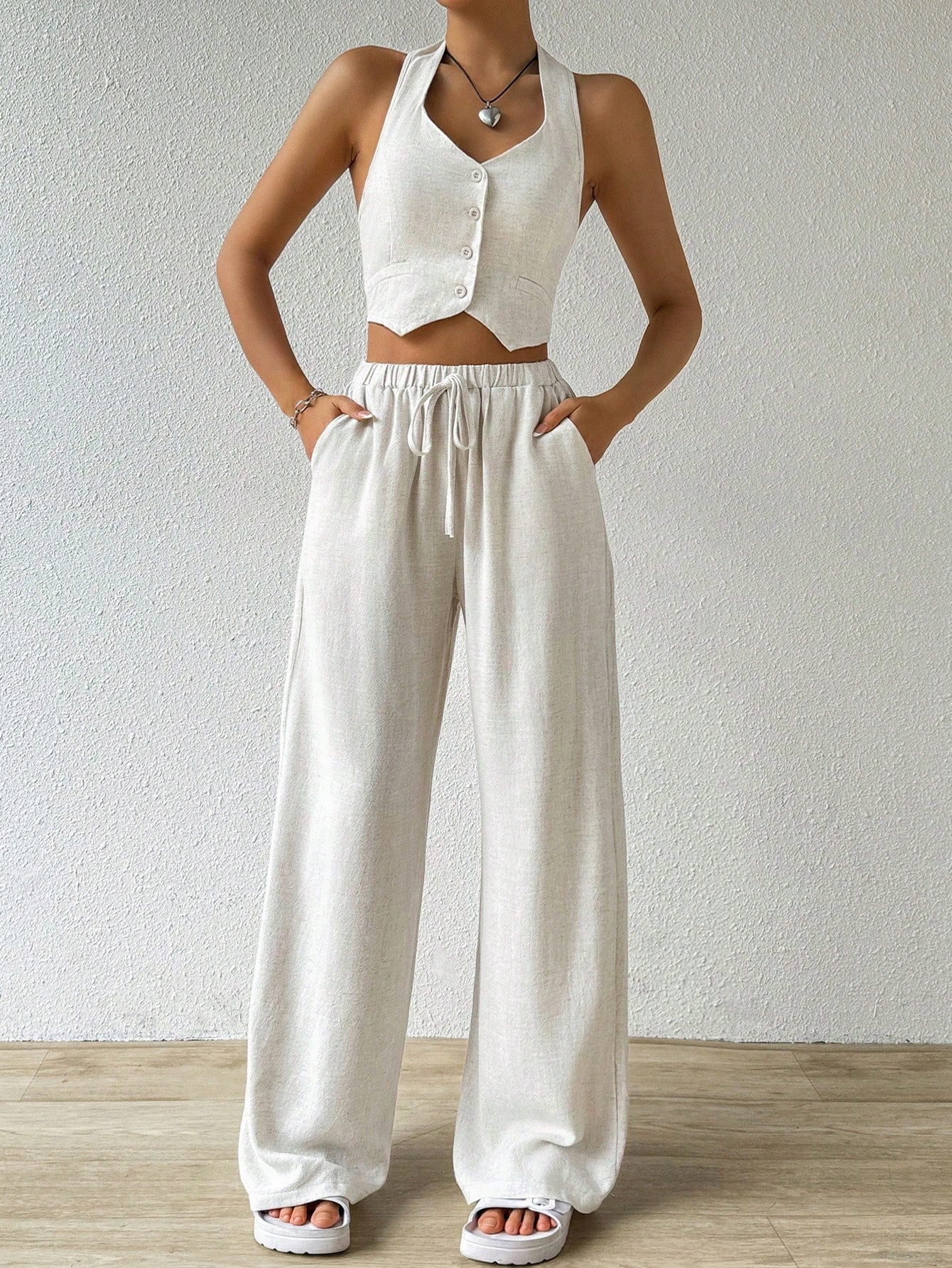 Linen Single Breasted V-Neck Suit Vest & Wide Leg Trousers Suit