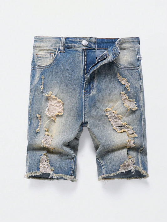 Teen Boy Stylish Casual Ripped Vintage Washed Denim Shorts,For Summer