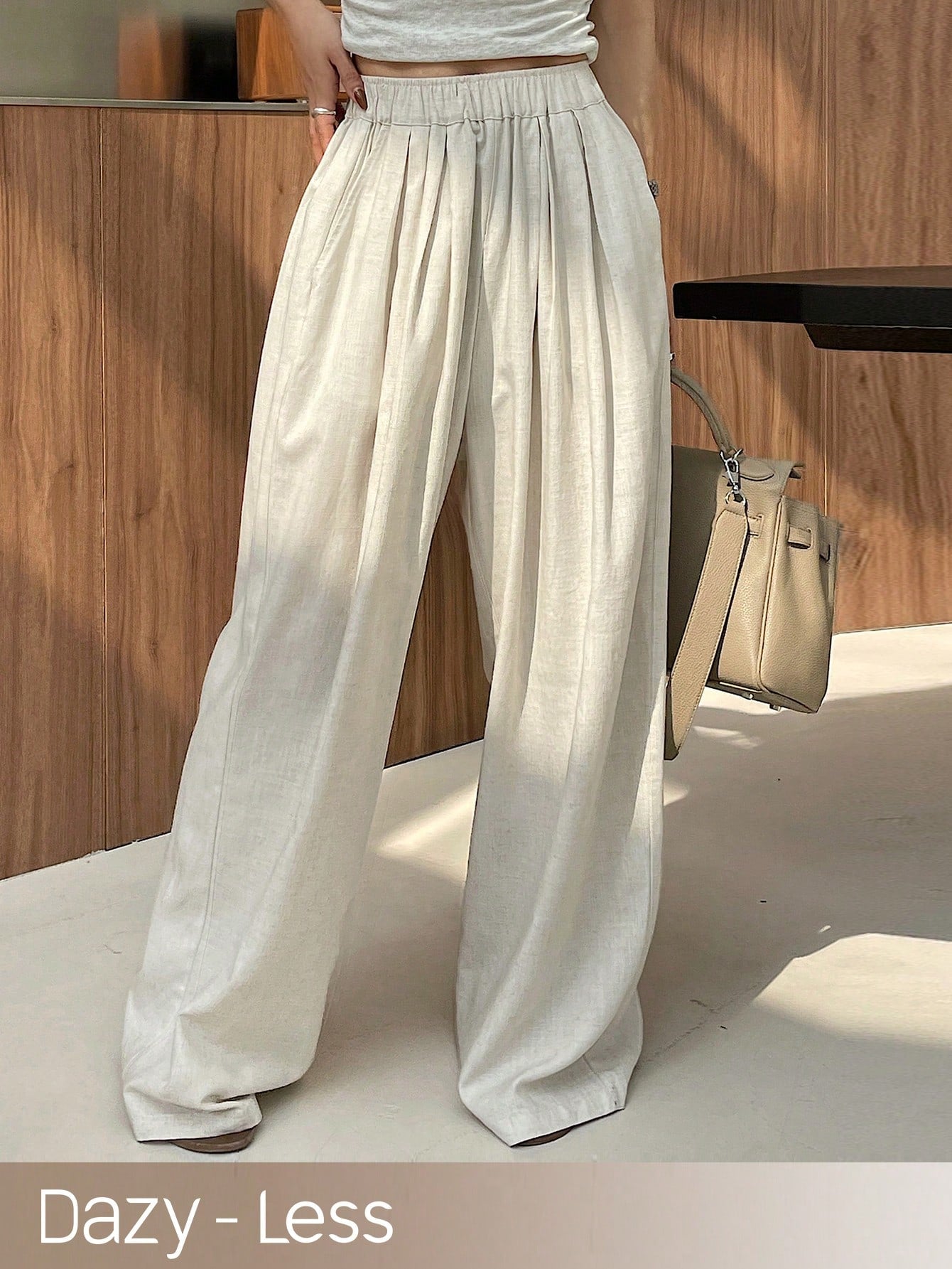 Dazy-Less Women's Solid Color Casual Wide Leg Pants With Elastic Waist