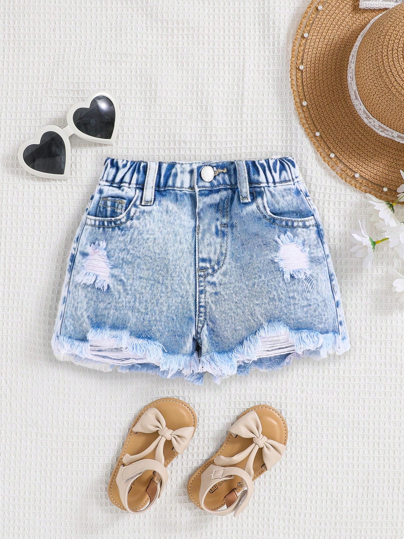 Young Girl Y2K Spring Summer Boho Girls Jeans Shorts ,Washed Casual Distressed Denim Shorts