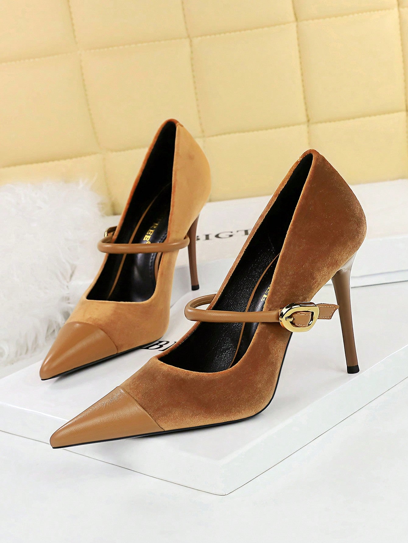 Party High Heels Thin Heels Shallow Mouth Pointed Suede & Metallic Buckle Detail Single Strap Women's Shoes