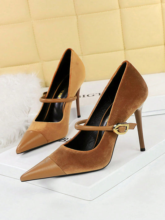 Party High Heels With Fine Heels, Shallow Mouth, Pointed Toe, Suede Patchwork, Thin Metallic Buckle, Shoes