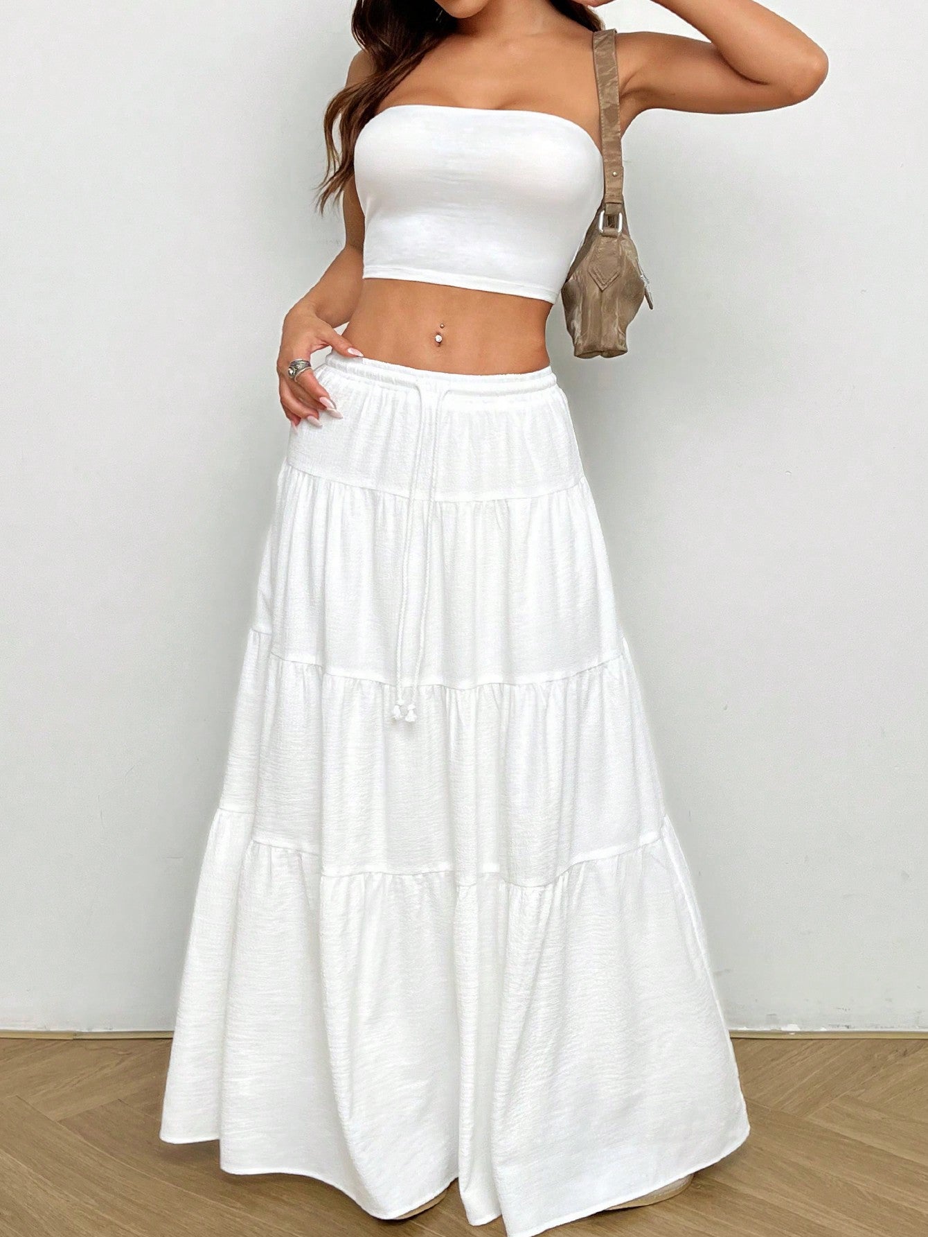 White Bandeau Woven Top & Long Bodycon Skirt Women's Slim Fit Set