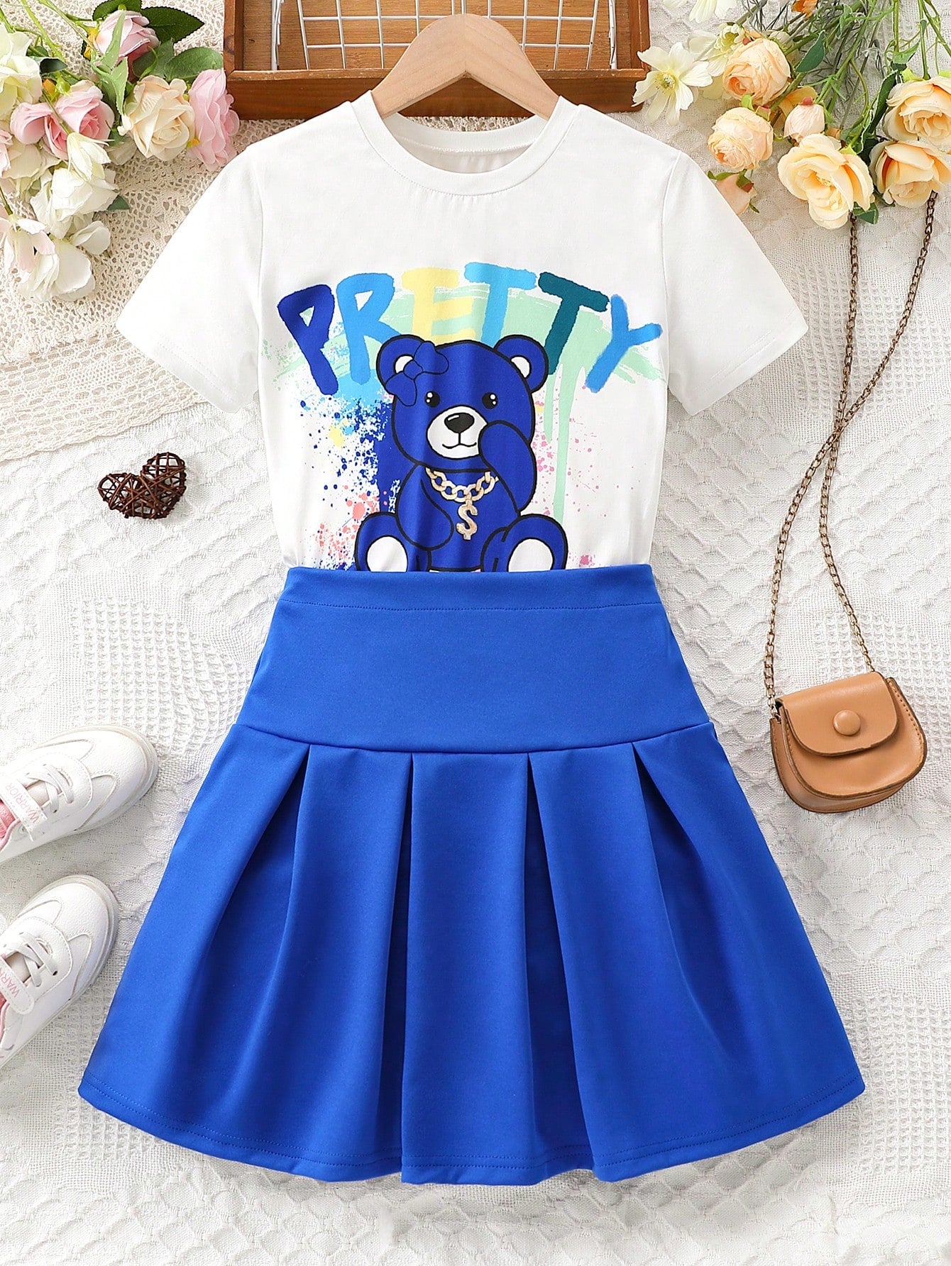 Tween Girl Street Style Cartoon Bear & Letter Printed Short Sleeve T-Shirt And Pleated Skirt