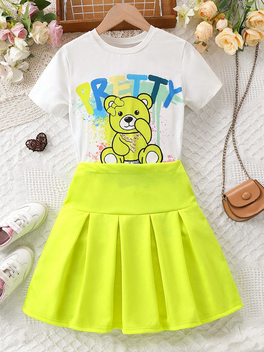 Tween Girl Street Style Cartoon Bear & Letter Printed Short Sleeve T-Shirt And Pleated Skirt