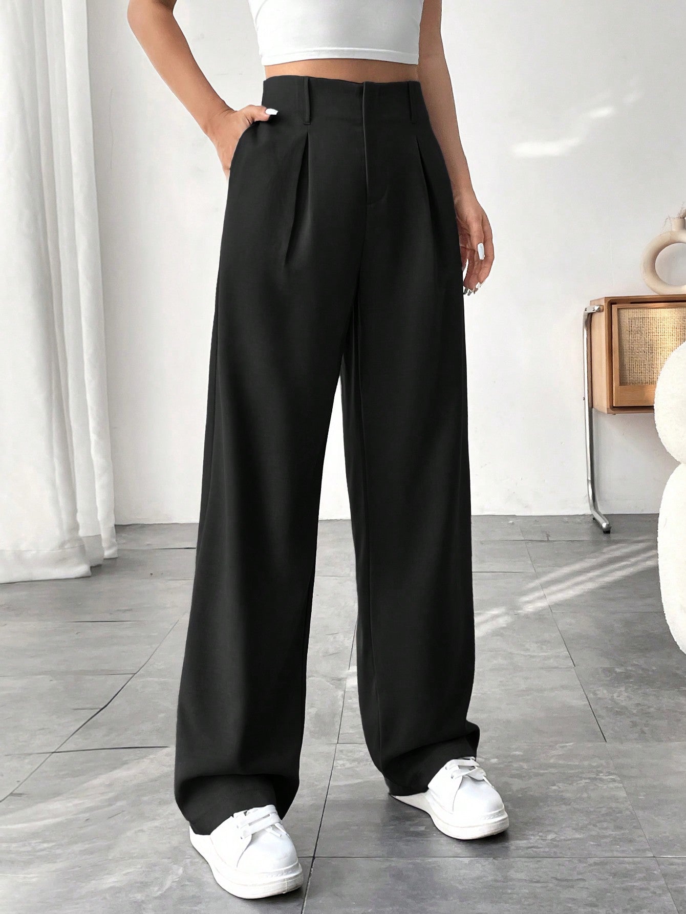 Women Solid Color Wide-Leg Pants With Pockets