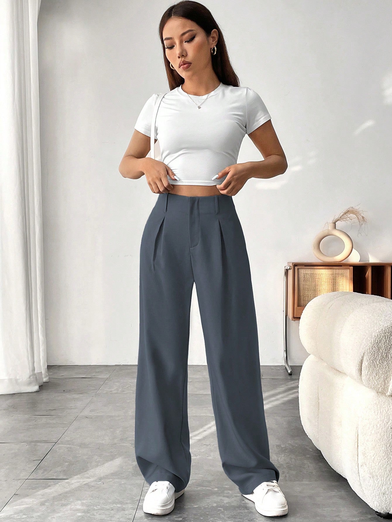 Women Solid Color Wide-Leg Pants With Pockets