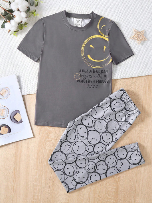 Tween Boy Simple Face Print Short Sleeve T-Shirt And Long Pants Set, Casual Tight-Fitting Homewear