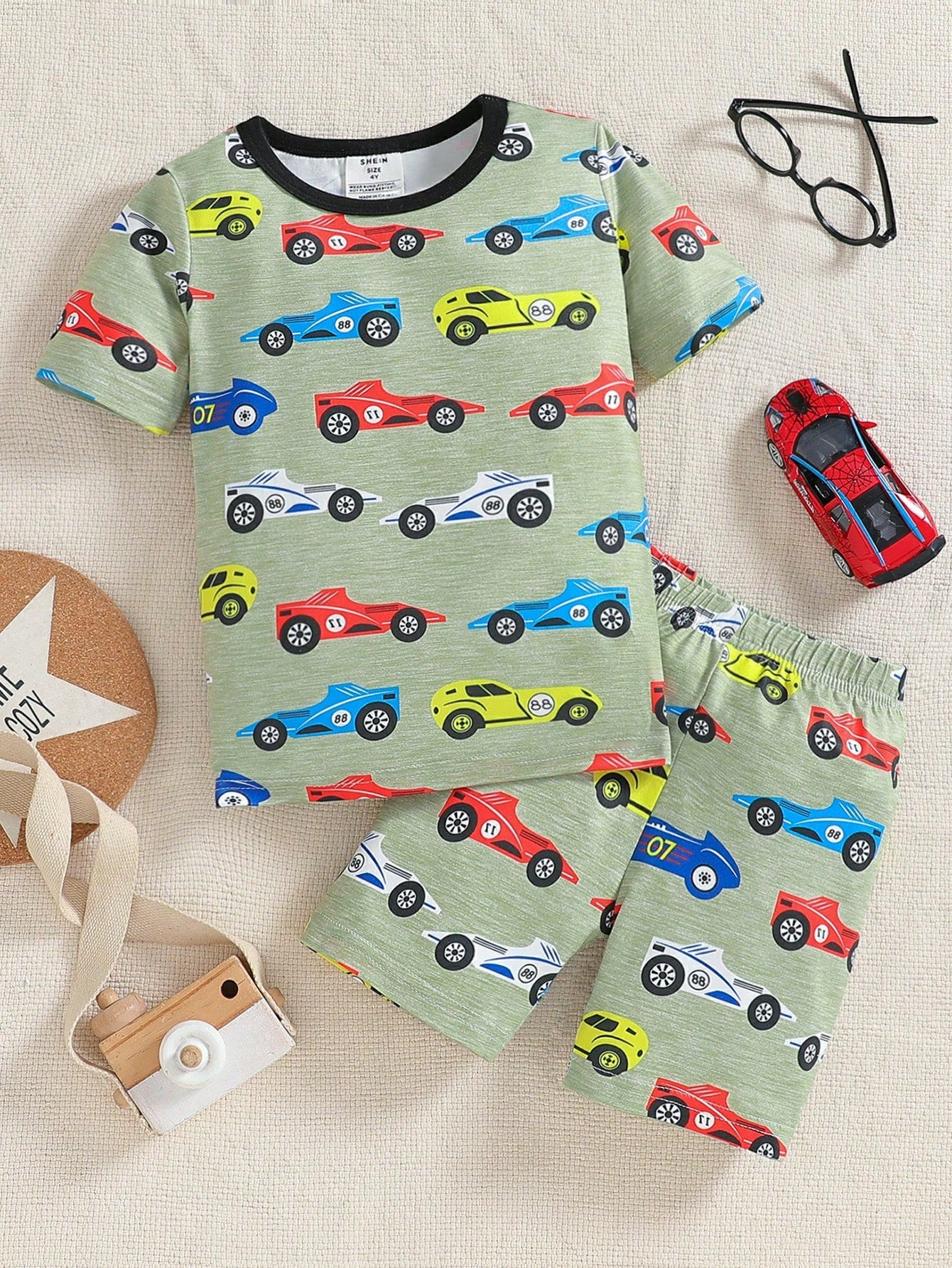 Young Boy 2pcs/Set Cartoon Car Pattern Short Sleeve Round Neck T-Shirt And Shorts Tight Homewear Set