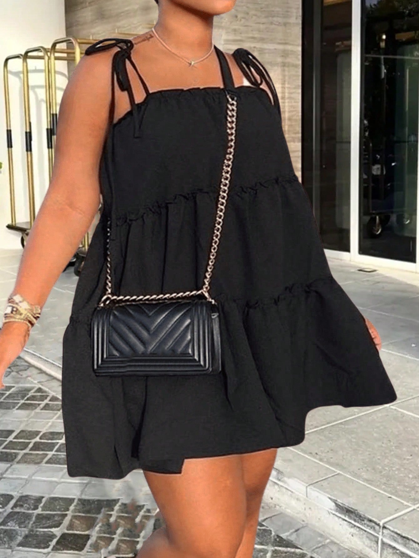 Plus Size Women's Summer Casual Loose A-Line Mini Dress With Multi-Layered Hem And Shoulder Straps