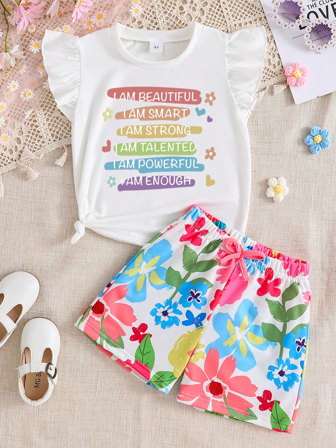 Young Girl's Short Sleeve Top With Letter Print & Ruffle Trim And Floral Printed Shorts