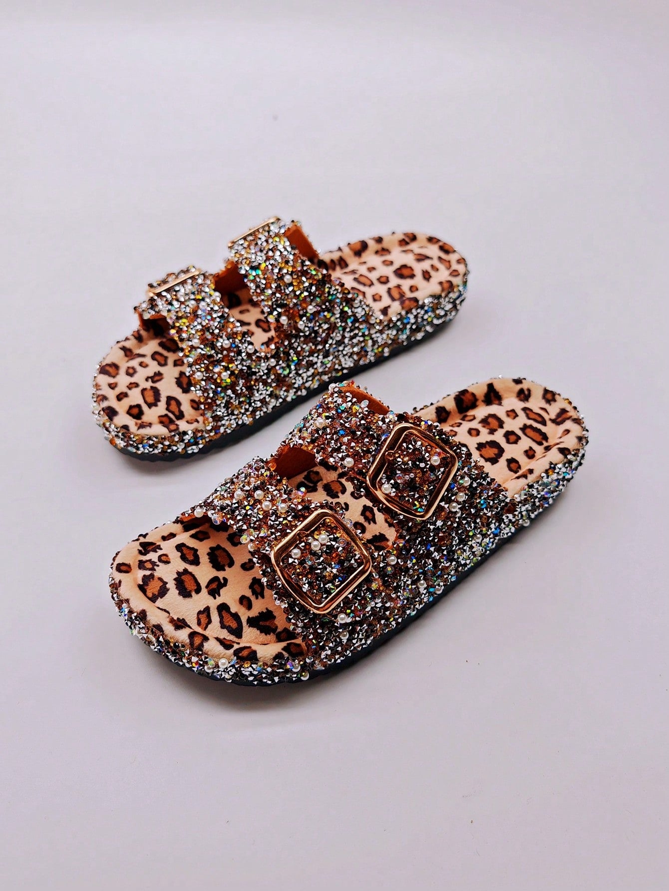 New Arrival Black Glass Diamond Glitter Fluffy Flat Slippers, Slide Sandals With Water-Resistant Buckle, Women's Flat Beach Shoes