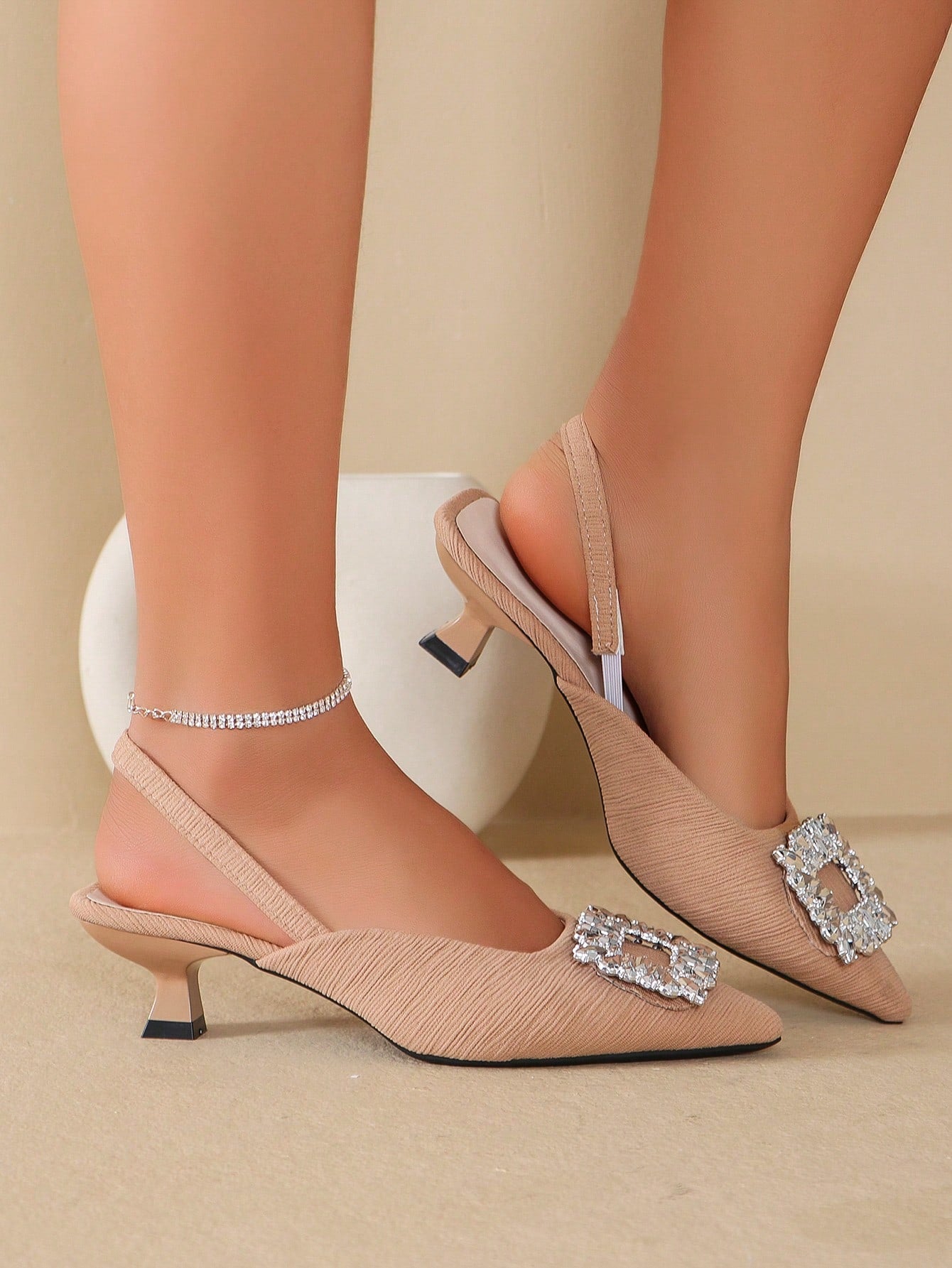 Women's High Heel Sandals, Stylish Thin Heel Pointed Toe Pumps With Rhinestone Decoration, Blush Pink