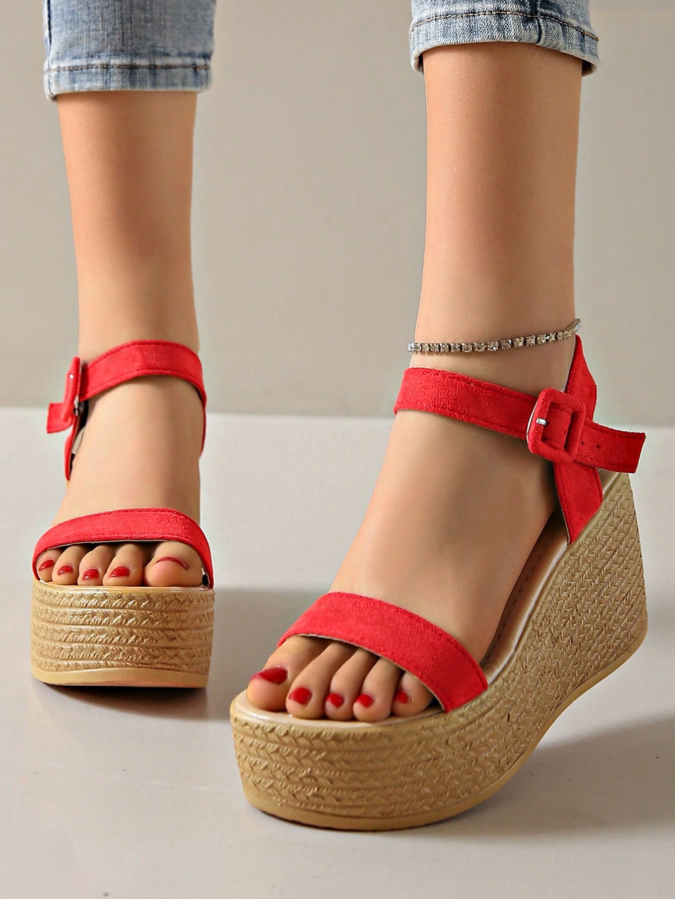 Simple & Lightweight Thick-Soled Red Waterproof Platform High-Heeled Sandals For Women Summer