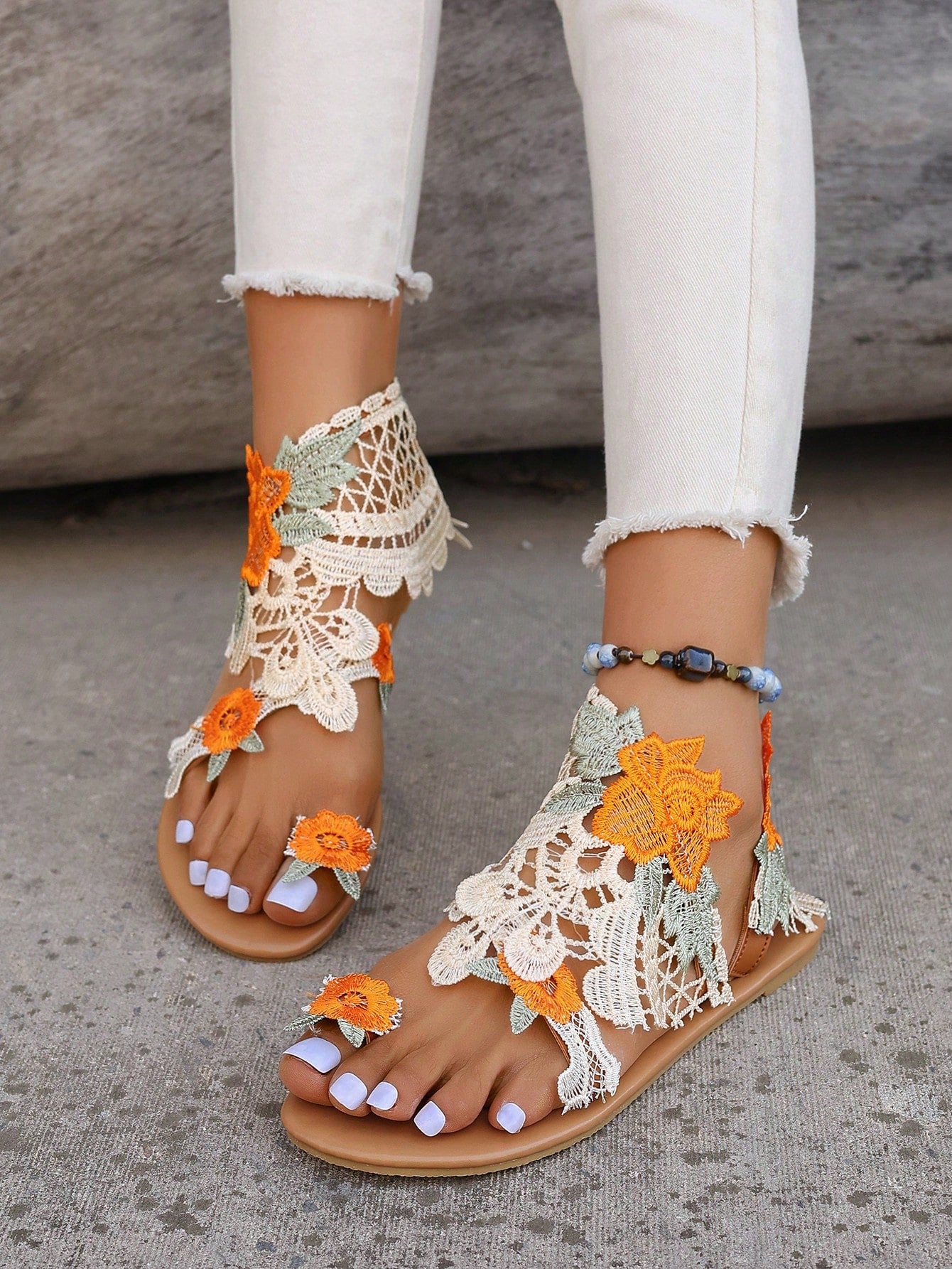 New Arrival Plus Size Women's Floral Strap Flat Sandals For Cross-Border Summer Outfits