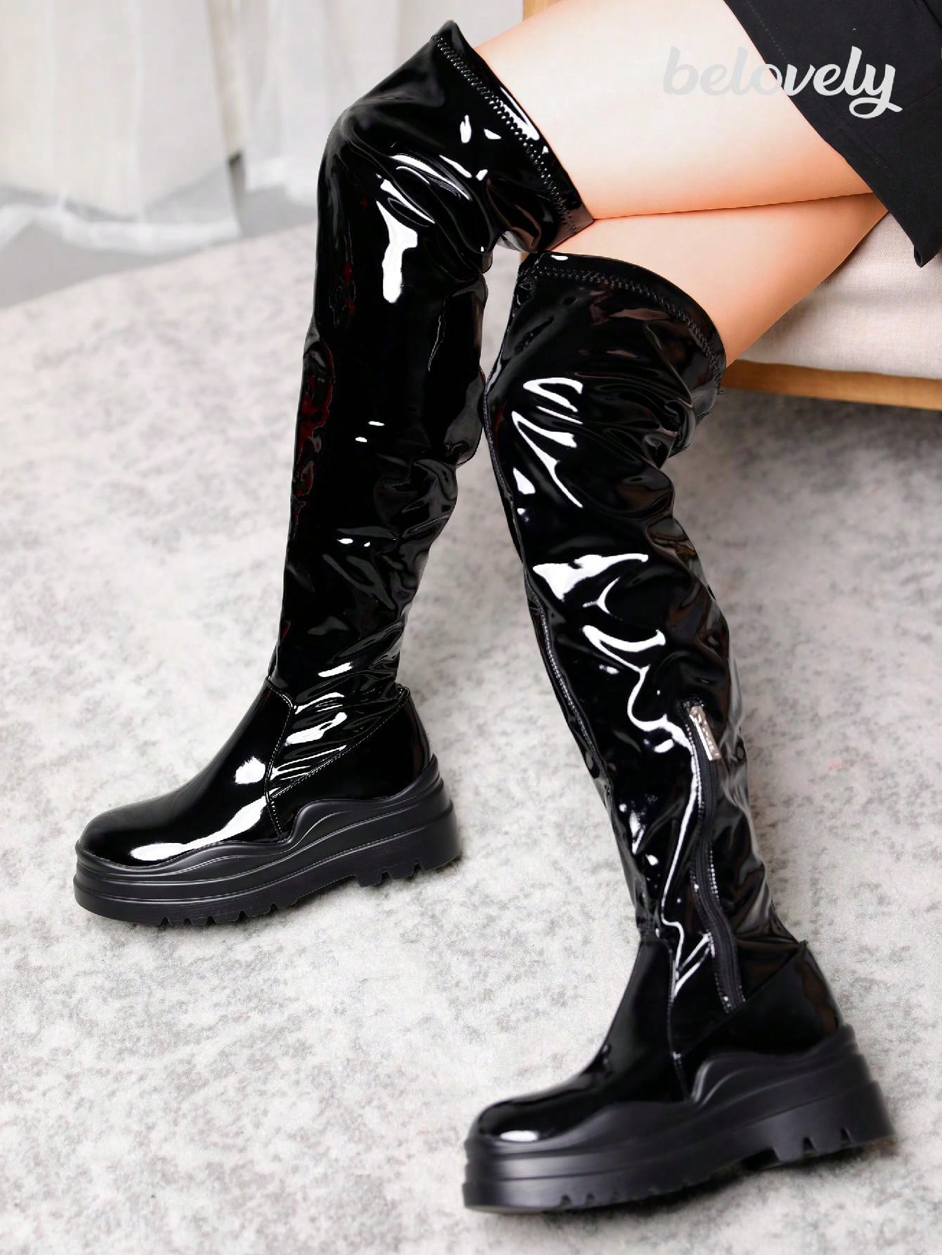 BELOVELY[Swim-2 ]Knee High Boots For Women Comfy Flat Heel Vintage Round Toe Fall Winter Solid Side Zipper Costume Knight Booties