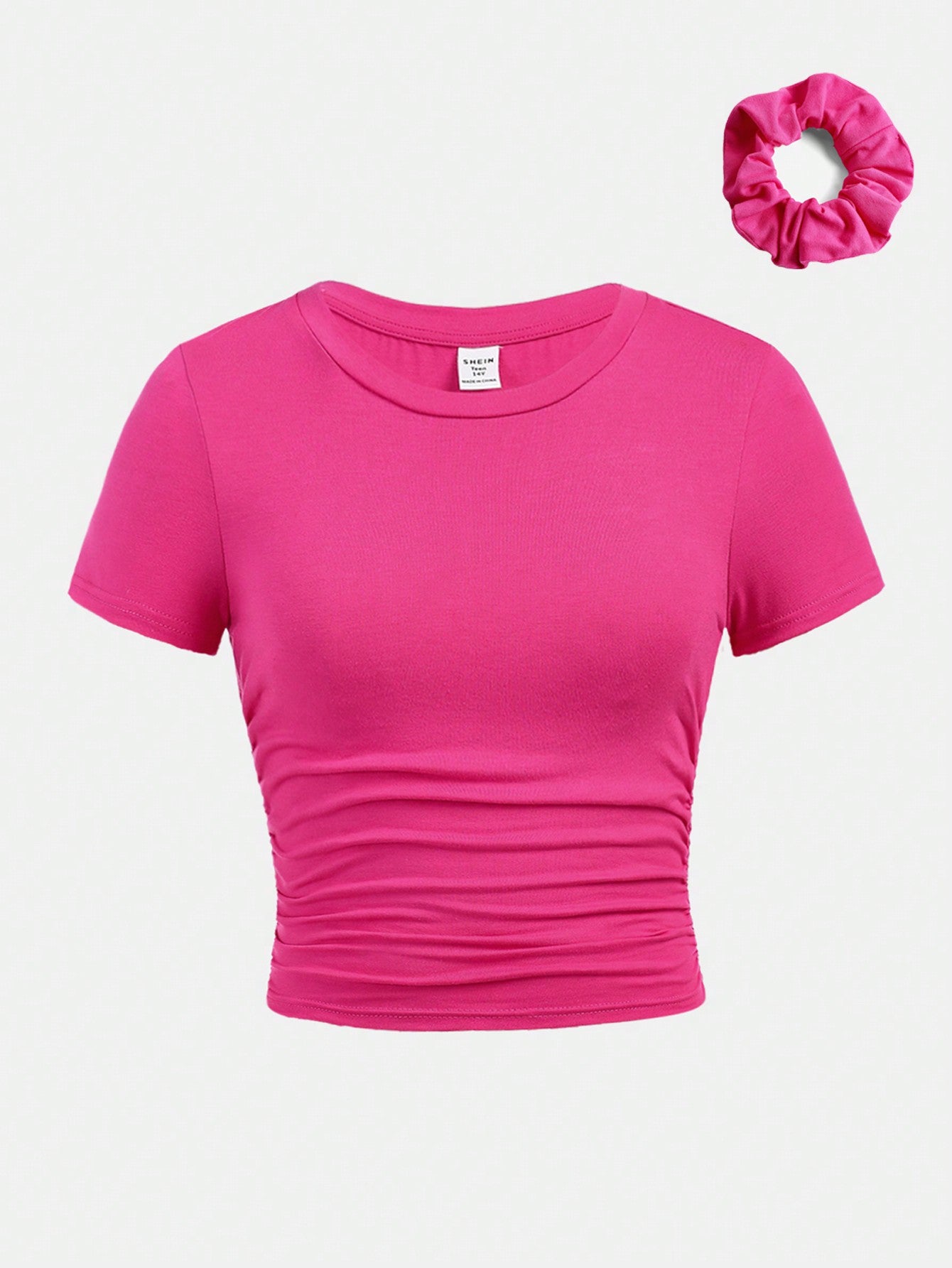 Teen Girl Knitted Solid Color Crinkled Short Sleeve T-Shirt With Round Neckline And One Hair Tie