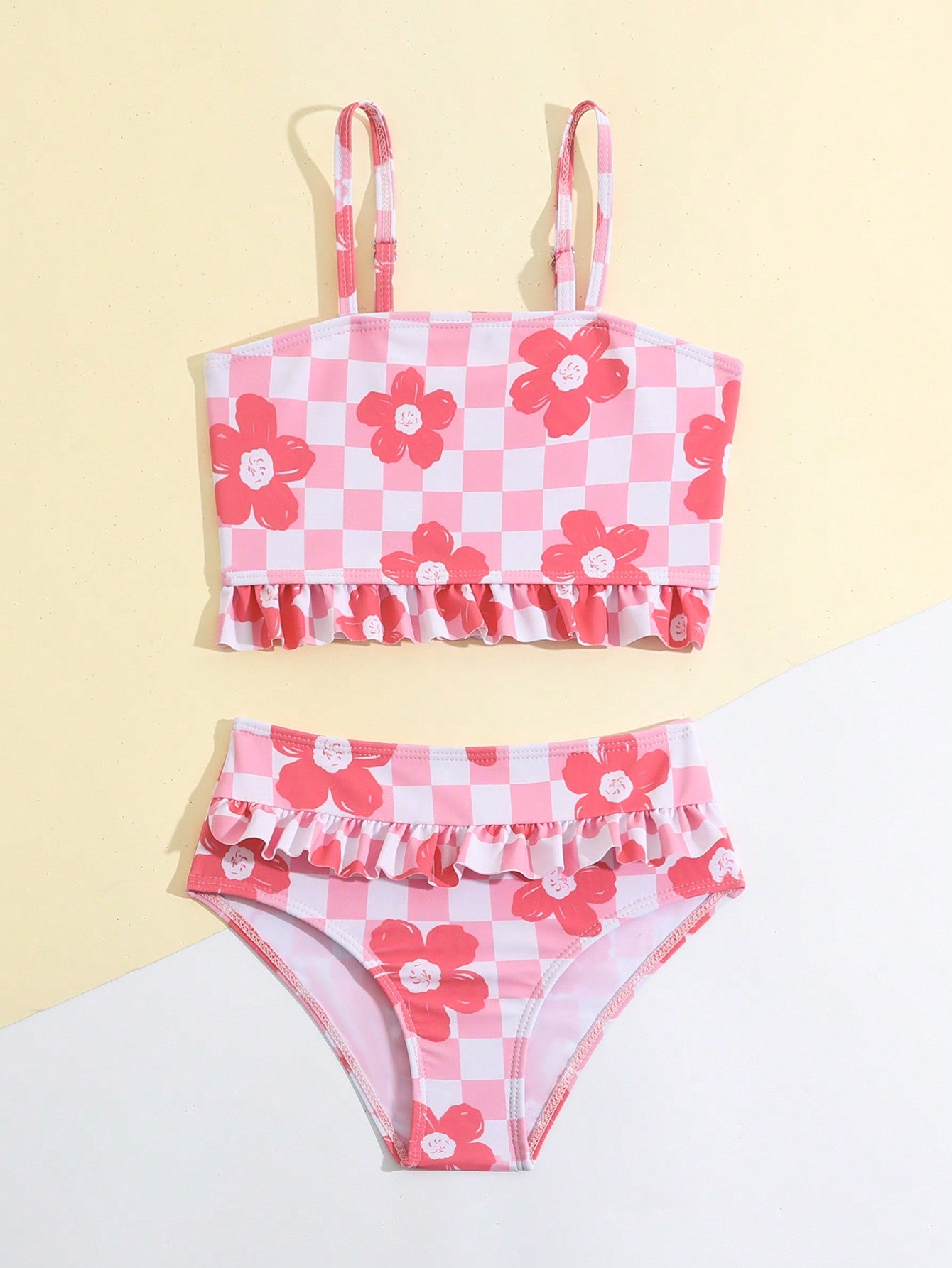 Young Girl Ruffle Trim Bikini Set With Checker And Floral Print Summer Beach