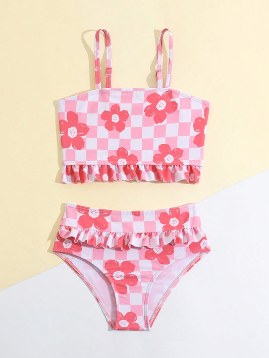 Young Girl Ruffle Trim Bikini Set With Checker And Floral Print Summer Beach