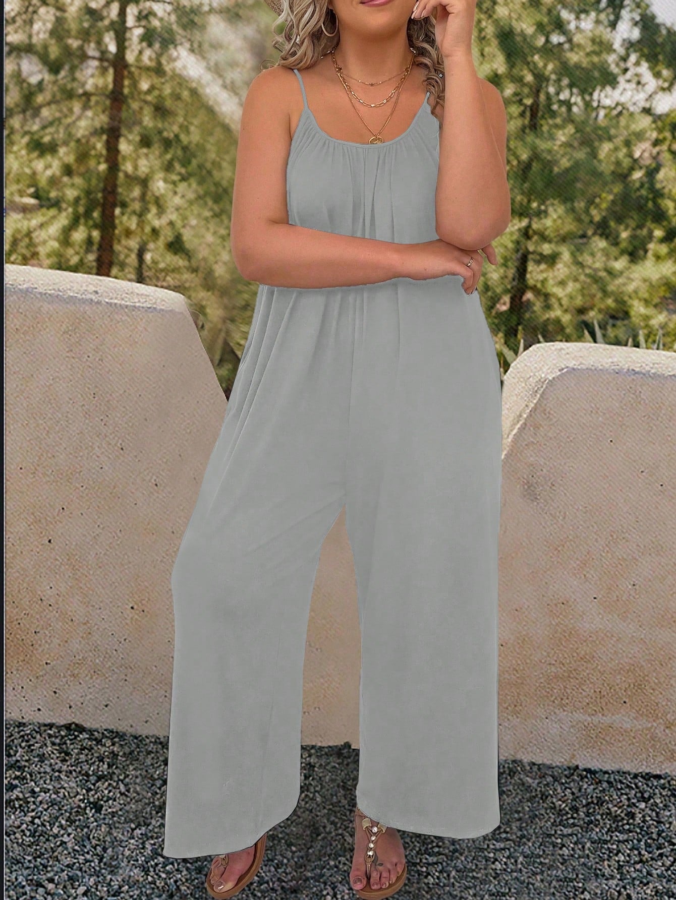 Plus Solid Slant Pocket Cami Jumpsuit