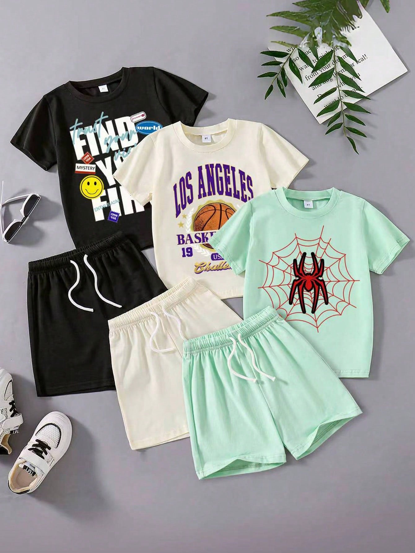 3pcs/Set Young Boy Spider & Basketball & Letter Printed Short Sleeve Top And Solid Color Drawstring Waist Shorts