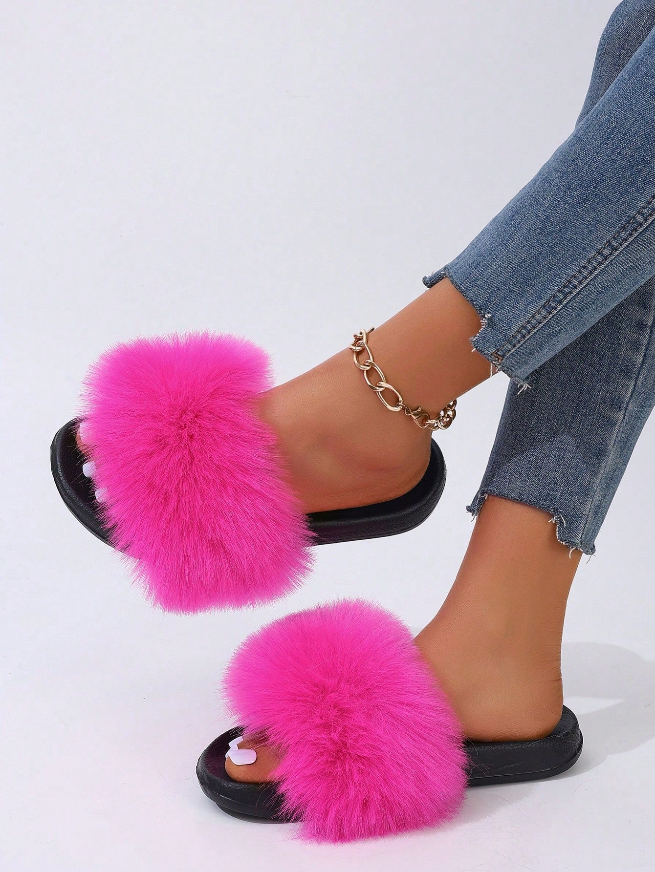 Women Summer Faux Fur Resistant Fluffy Outdoor Flat Sandals Casual Office Home Slippers