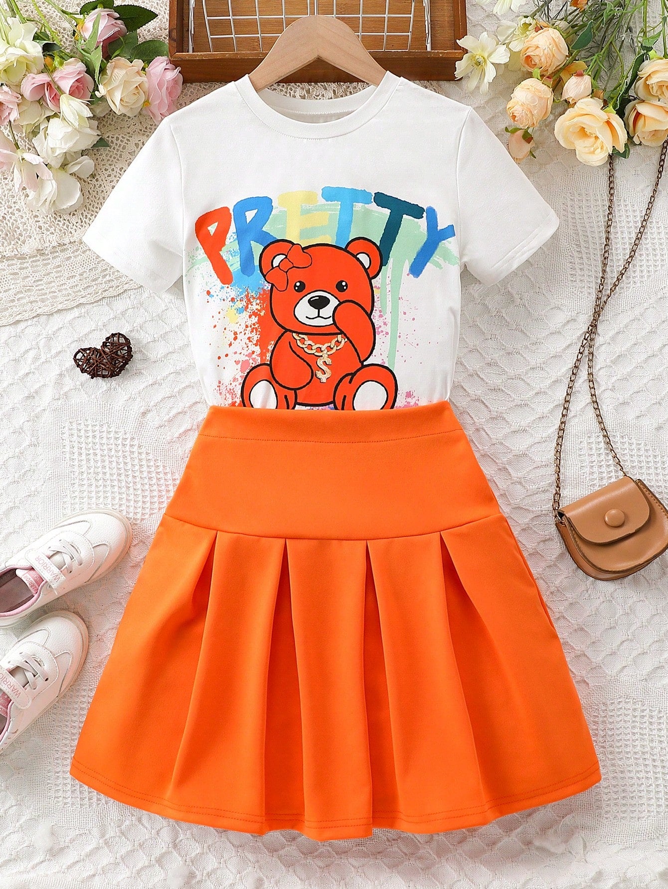 Tween Girl Street Style Cartoon Bear & Letter Printed Short Sleeve T-Shirt And Pleated Skirt