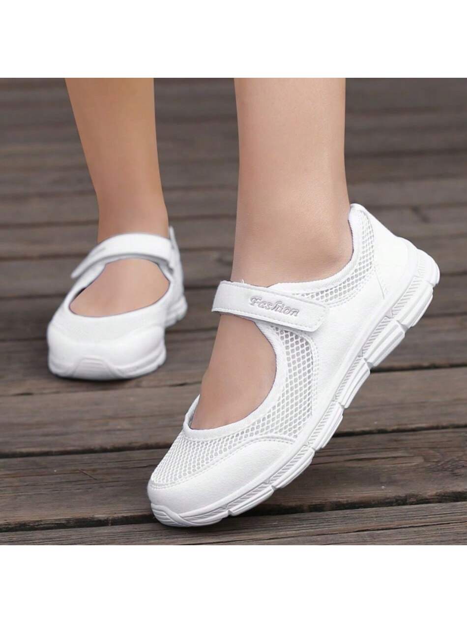 Women's Lightweight Anti-Skid Casual White Shoes, Mesh Fabric With Buckle, Breathable Outdoor Running Sports Shoes, Large Size Special Offer