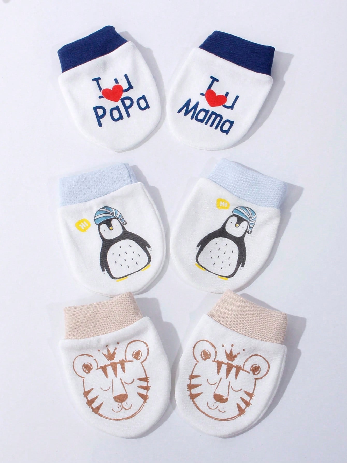 3 Pairs Newborn Baby Tiger Penguin Alphabet Pattern Anti-Scratch Gloves Protective Mittens For Daily Use