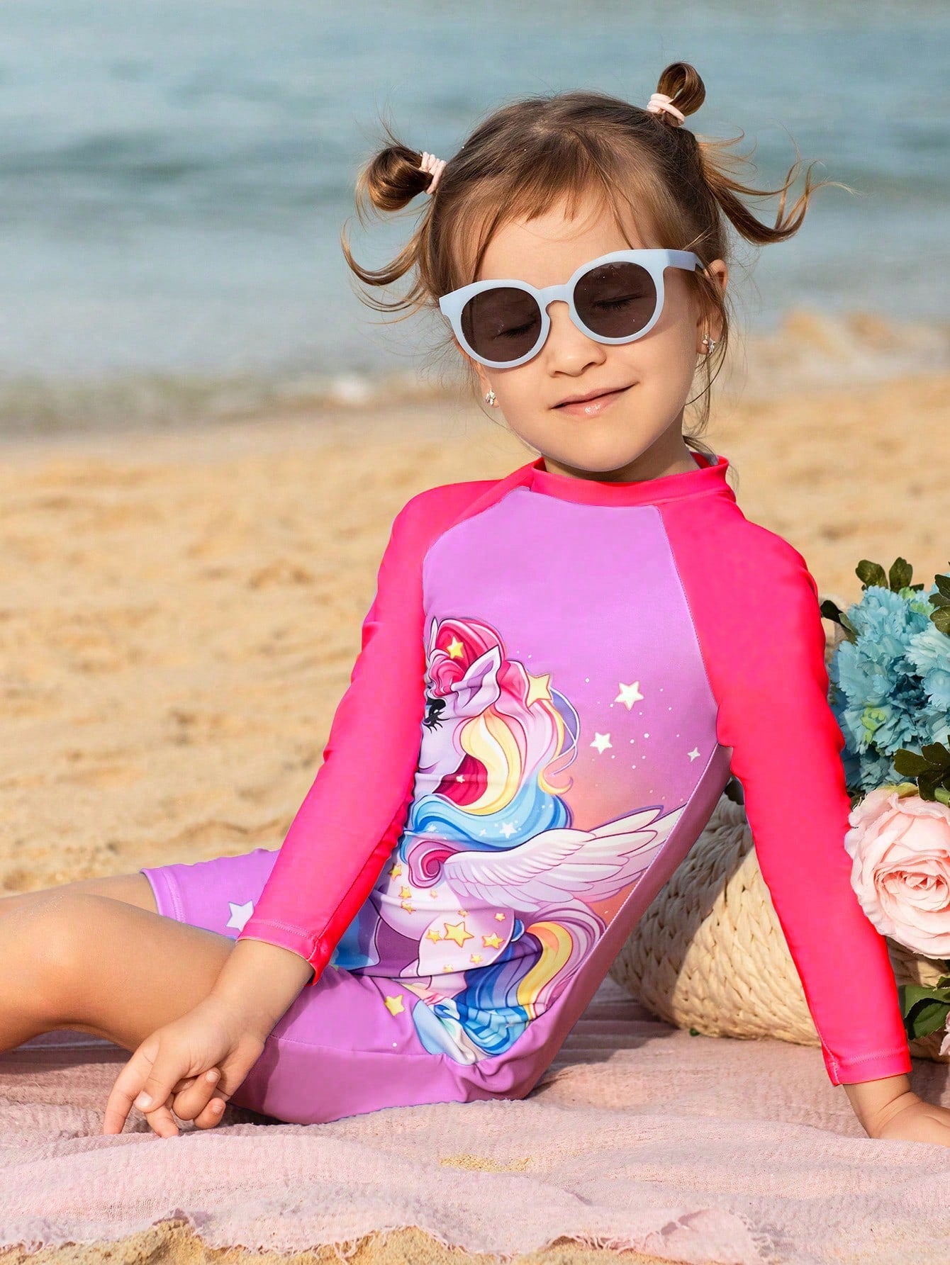 Young Girl Cartoon Unicorn Printed Long Sleeve One Piece Swimsuit