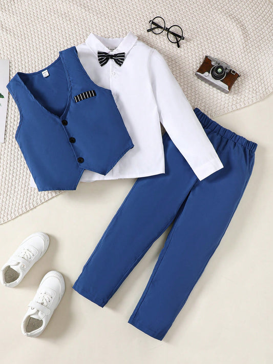 Souflis 2pcs Tween Boys' Gentleman Outfit - Solid Color Vest, Solid Color Pants With Bow Tie And Suspenders, Ideal For Birthday Party, Formal Events, Wedding, Christening