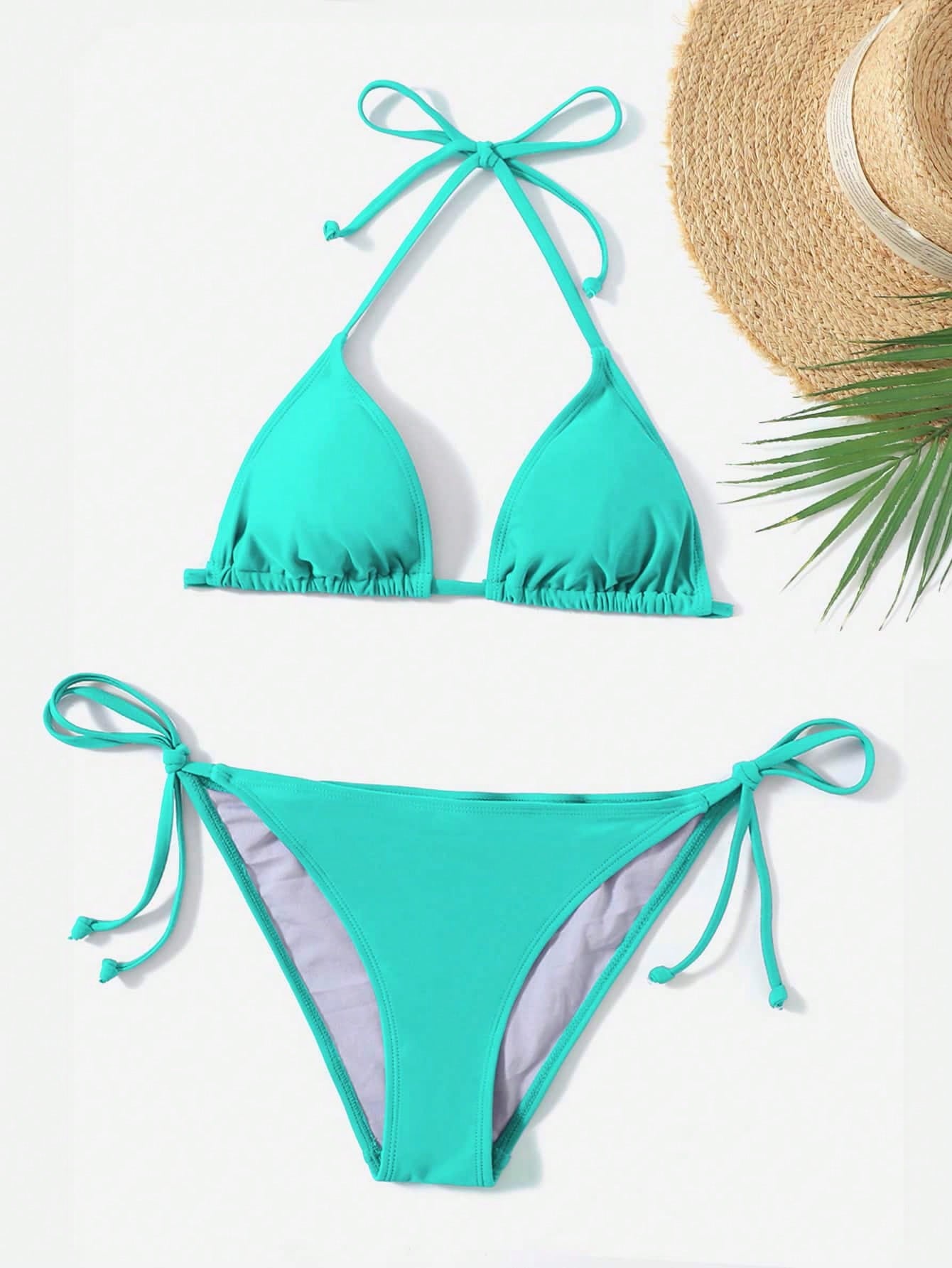 Swim Summer Beach Mono Bikini Set Halter Triangle Bra & Tie Side Bottom 2 Pieces Bikini