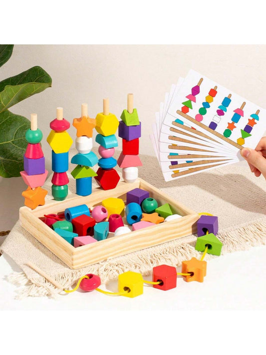 25pcs Montessori Wooden Bead Blocks-8x Double-Sided Activity Cards+ 5x Connector Rods, Sorting And Stacking Building Blocks, With Storage Box, Stem Early Learning Toy, Suitable For 2-3-4-Year-Old Boys And Girls, Christmas Birthday Gift