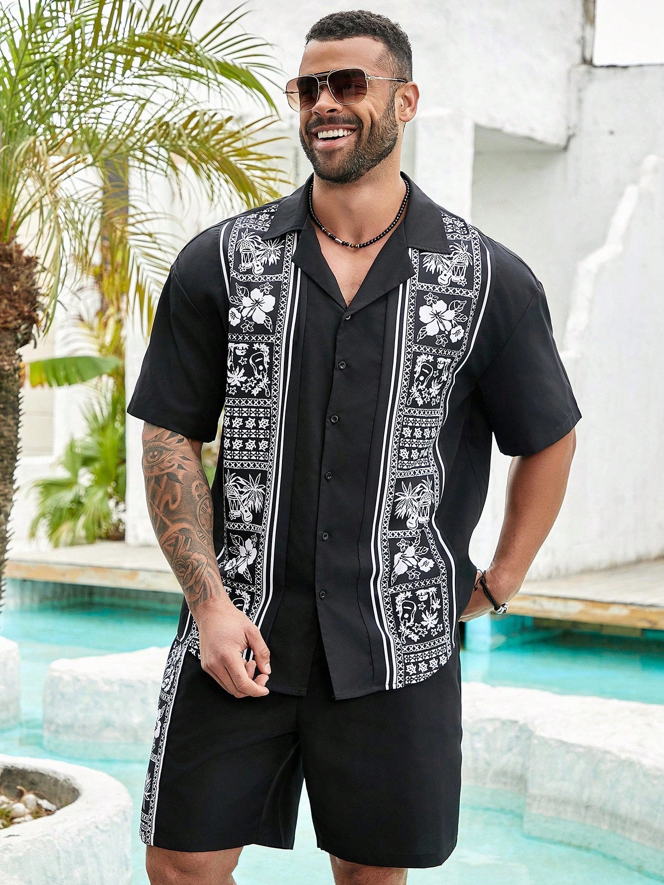 Men's Plus Size Floral Printed Patchwork Short Sleeve Shirt And Shorts Set, For Summer