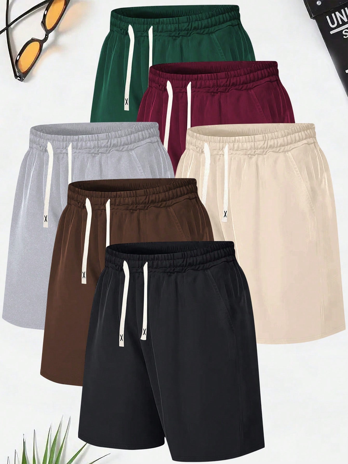 6pcs Men's Shorts Set, Colorful Summer New Arrival Sporty Leisure Beach Shorts, Classic Retro Solid Color Drawstring Elastic Waist Pocketed Outdoor Running Apparels, 5 Inseam