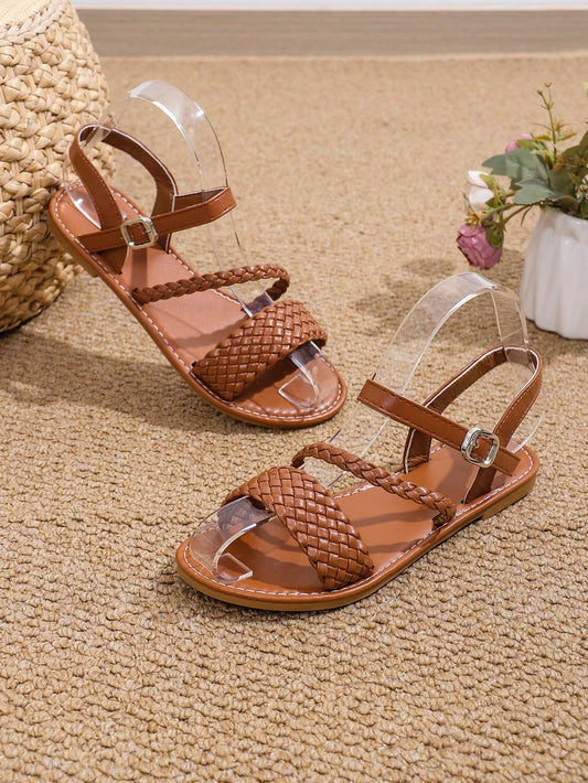 1 Pair Of Children And Teenagers Brown Sandals With Large Size, Solid Color, Wide Braided Strap, Buckle Design, Peep Toe Round Toe, TPR Non-Slip And Comfortable Light-Weighted Sole, Suitable For Primary And Secondary School Students Over 8 Years Old For S