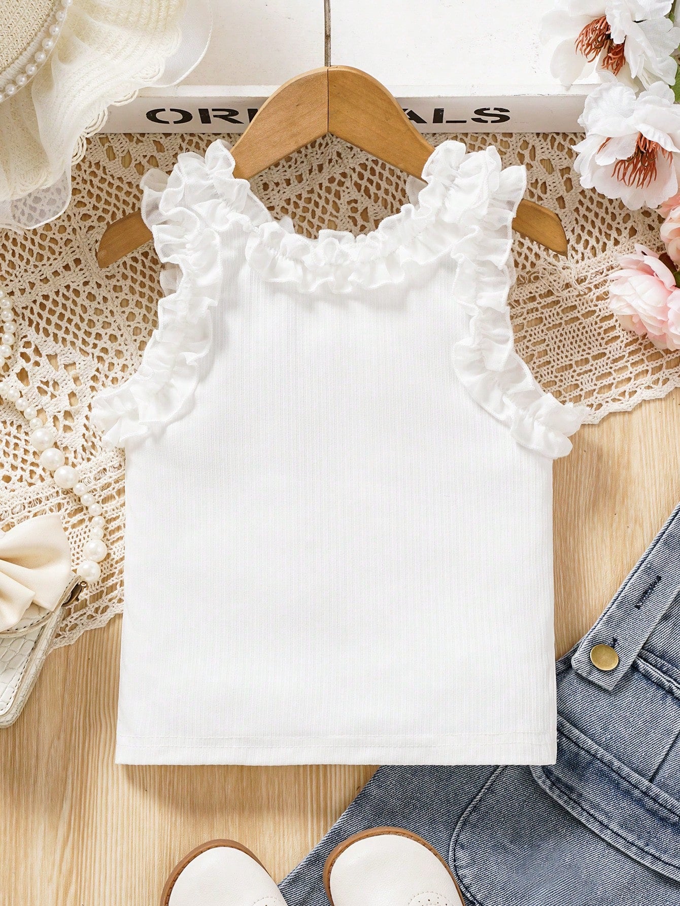 Young Girl Fashionable Ruffled Trim Tank Top For Summer