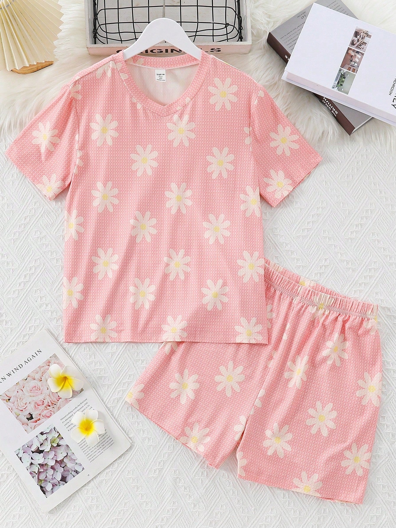 Teen Girl Simple Daisy Print Short Sleeve T-Shirt And Shorts Casual 2pcs/Set Homewear, Suitable For Summer