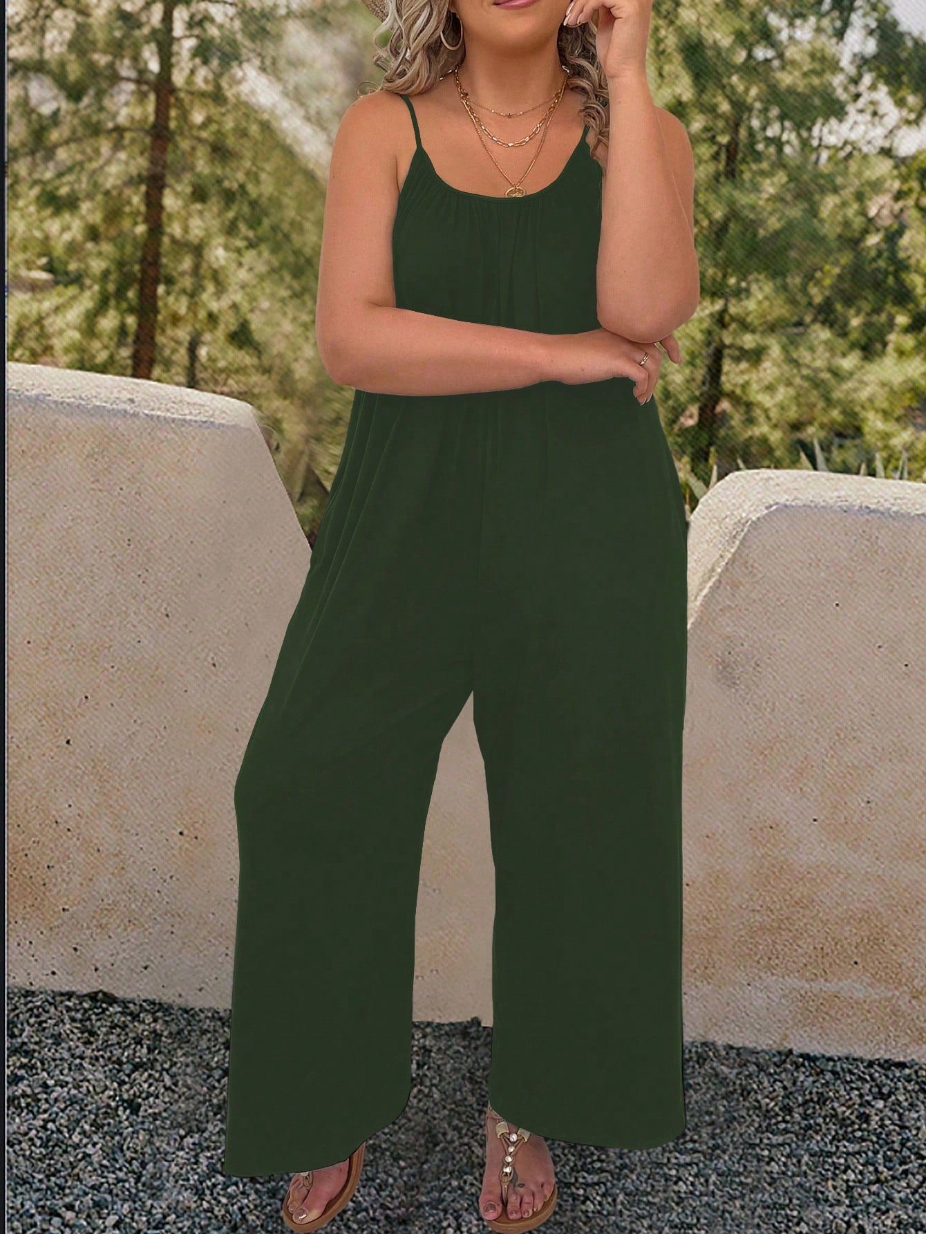 Plus Solid Slant Pocket Cami Jumpsuit